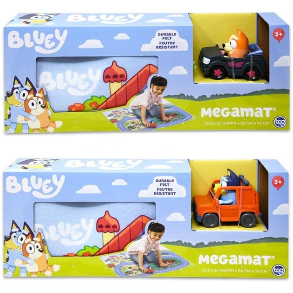 Bluey Megamat, Mega Play Mat Bundle w/ Vehicles –2 Felt Mats, Bluey & Bingo Cars